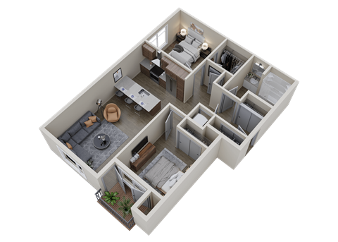 Floor plan for 2 beds, 1 bath, 889 sqft